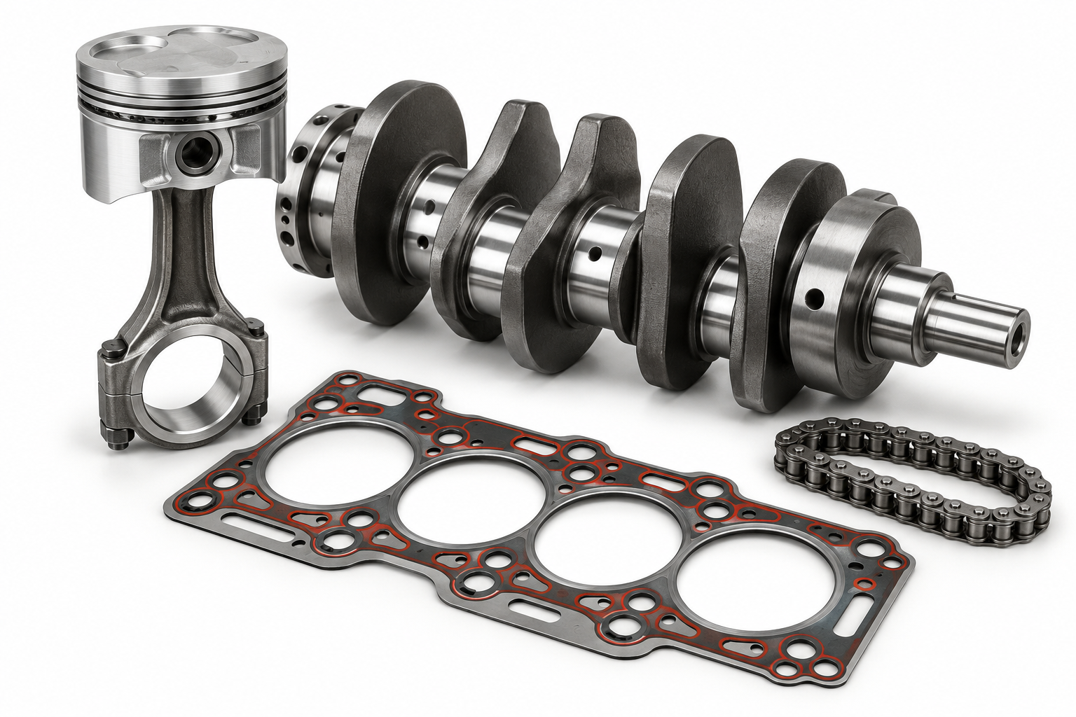 Illustration of a piston, crankshaft, head gasket and timing chain